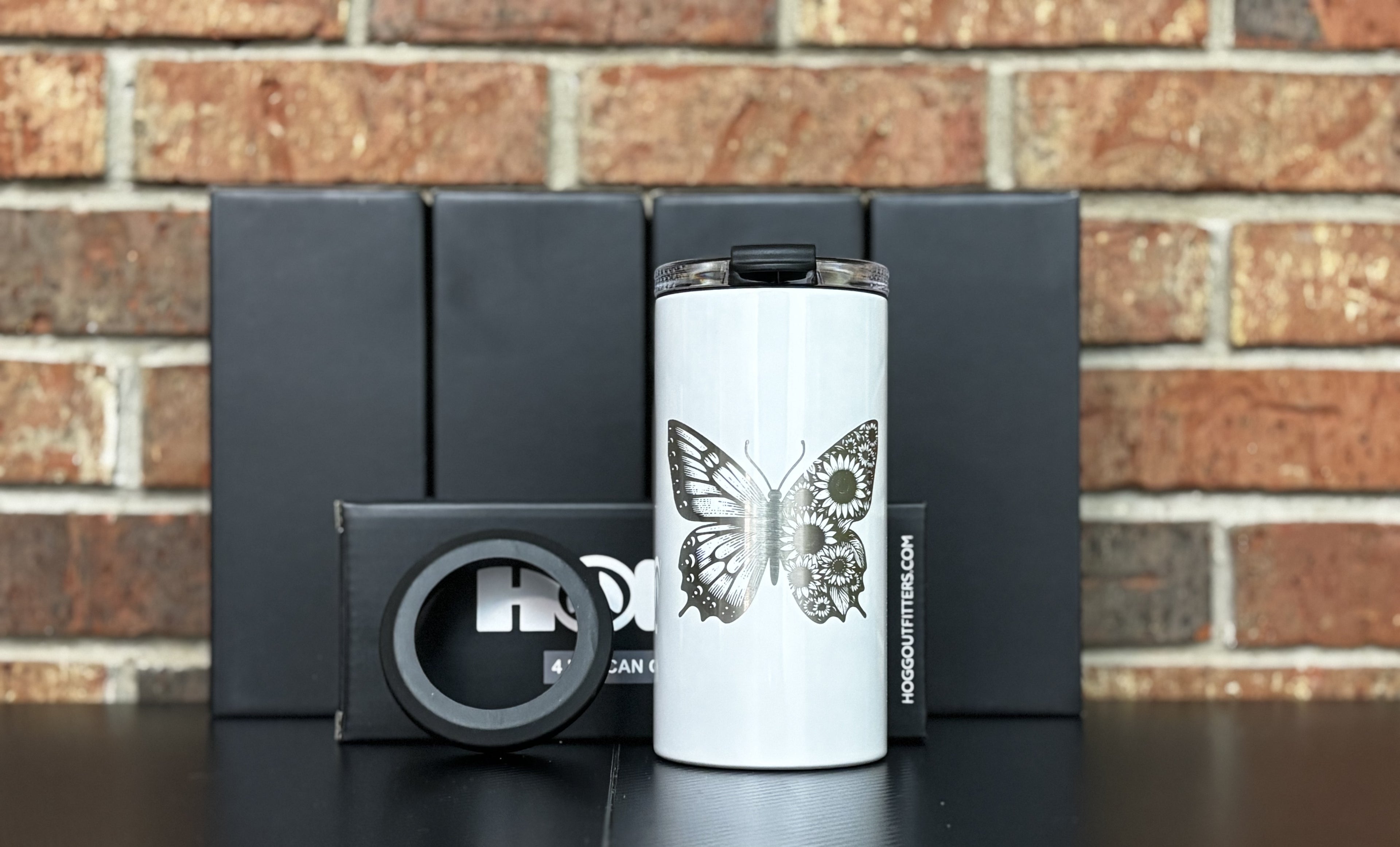 4 in 1 Hogg Can Cooler White w/ Butterfly & Sunflowers Design